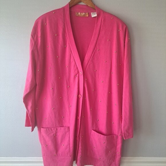 Vintage Women Pink Sholuder Padded‎ Button Cardigan Studded Plus Size 1X Pockets - Picture 1 of 9